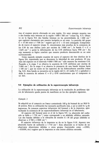 302 Espectroscopia infrarroja
tras el examen previo efectuado en esta región . Un ester siempre muestra una
o dos bandas muy intensas en la región 1 000-1 300 cm- ' (véase fig. 9.7) . Obser-
ve en la figura 9.8, dos bandas intensas en las proximidades de 1200 cm - '
que sugieren claramente que nuestra incógnita es un ester . La posición del grupo
C = O del ester a 1 708 cm - ' sugiere que el C = O está conjugado . Comproban-
do de nuevo el espectro (etapa 3), encontramos más pruebas de la existencia de
los C-H de una olefina justo por encima de 3 000 cm-', la banda C = C a
1 625 cm-' y quizá la deformación de los C-H olefínicos hacia 93!0 cm -' . En
este momento es lógico concluir que nuestro producto desconocido es un ester
a,O-insaturado .
Como segundo ejemplo examine de nuevo el espectro del éter dietílico de la
figura 9.6, suponiendo que se desconoce la identidad de este producto . El exa-
men del espectro en el intervalo 4 000-1 500 cm -' sólo muestra las tensiones C-H .
Pasando a la etapa 3 se observa la ausencia de C-H olefínicos por encima de
3 000 cm-' . En la etapa 4 se observa la presencia de una banda intensa hacia
1 100 cm-', que no existe en los espectros de los hidrocarburos sencillos (véase
fig. 9.2) . Esta banda se encuentra en la región del C-O (tabla 9 .3 y apéndice) y
dada la ausencia de enlaces C = O y O-H concluiremos que el compuesto es
un éter.
9.4 Ejemplos de utilización de la espectroscopia infrarroja
La utilización de la espectroscopia infrarroja en la resolución de problemas típi-
cos de laboratorio queda puesta de manifiesto en los dos ejemplos siguientes .
Ejemplo 1
Se adquirió en el comercio un frasco conteniendo 100 g de butanal de un 99,9
de pureza. Para su utilización fue necesario purificarlo más, y así se aisló 0,1 g de
impurezas. Se tomaron espectros infrarrojos del butanal y de la impureza, apro-
vechando la existencia de un espectrofotómetro infrarrojo en el laboratorio .
El espectro del butanal puro es el de la figura 9 .9 . La absorción del carbo-
nilo se halla a 1 730 cm -1 , como corresponde a un aldehído alifático saturado .
Las dos bandas debidas a la vibración de tensión C-H del grupo aldehído se
observan a 2 700 y 2 800 cm-1.
El espectro infrarrojo de la impureza se da en la figura 9 .10. Aparece una
absorción fuerte de carbonilo a 1 710 cm - ' . Esta absorción (y el hecho de no
observarse absorciones debidas a otros grupos funcionales como -CHO,
-COOH, etc.) sugiere que la impureza es una cetona alifática saturada .
 