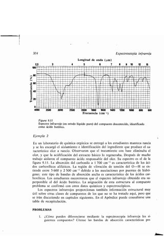 ..80
0
304
2,5
100
60
Ú
40
Ñ 2Ó
o
4000 3500
3
3000
4
2500
Longitud de onda (pm)
5 6 7
Espectroscopia infrarroja
8 9 10 12
Figura 9.11
Espectro infrarrojo (en estado líquido puro) del compuesto desconocido, identificado
como ácido butírico.
Ejemplo 2
En un laboratorio de química orgánica se entregó a los estudiantes manteca rancia
y se les encargó el aislamiento e identificación del ingrediente que produce el ca-
racterístico olor a rancio . Observaron que el tratamiento con base eliminaba el
olor, y que la acidificación del extracto básico lo regeneraba . Después de mucho
trabajo aislaron el compuesto ácido responsable del olor . Su espectro es el de la
figura 9.11 . La absorción del carbonilo a 1 700 cm -1 es característica de los áci-
dos carboxílicos alifáticos . La región de vibración de tensión del O-H se ex-
tiende entre 3 600 y 2 500 cm - ' debido a las asociaciones por puentes de hidró-
geno; este tipo de bandas de absorción ancha es característico de los ácidos car-
boxílicos . Los estudiantes encontraron que el espectro infrarrojo obtenido era su-
perponible al del ácido butírico . La asignación de esta estructura al compuesto
problema se confirmó con otros datos químicos y espectroscópicos.
Los espectros infrarrojos proporcionan también información estructural muy
útil sobre otras clases de compuestos de los que no se ha tratado aquí, pero que
se irán discutiendo en capítulos siguientes . En el Apéndice puede consultarse una
tabla de recapitulación .
PROBLEMAS
1. ¿Cómo pueden diferenciarse mediante la espectroscopia infrarroja los si-
guientes compuestos? Cítense las bandas de absorción características pre-
15
__ _∎/ii∎∎∎∎∎∎_∎∎∎∎∎∎∎∎∎∎∎∎_∎∎∎∎∎
~ ~ Ramo~
∎N
ME~∎/N∎∎M∎∎rim,∎∎Y /∎N//r∎J~//∎∎!!∎∎
%•, iarni aÍ~~ Í~M7Í~%Ú~
malaramigará
::::
∎Y∎∎ ∎∎~/∎ ∎p∎q∎ ∎ÑI~Í ∎∎7811 //
N:
malil
:=: :~:::'
a
/'/''∎'∎C:'∎'
.'.
∎∎ ∎∎:::• :_ ∎::::∎::.:::::∎∎∎∎∎∎∎∎∎∎∎∎∎∎∎∎
ENMEN
2000 1800 1600 1400 1200 1000 800 800
Frecuencia (cm -1)
 