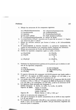 Problemas 329
5. Dib jar las estr ct ras de los comp estos sig ientes :
(a) 3-Metilciclohexanonoxima (b) 1-Acetoxiciclopentanonitrilo
(e) Isovaleronitrilo (d) 2,5-Dinitrohexano
(e) Azoetano (f) Ciclob tilmetils lfóxido
(g) Etil metil s lfona (h) Ácido propano-2-s lfónico
(i) N,N-Dimetiletanos lfonamida (j) S lfato de dietilo
6. La trimetilfosfina (CH 3)3P: reacciona con C12 para dar n aa cto l . 1. S giera
na estr ct ra para el ad cto .
7. Dib je los orbitales atómicos q e forman el enlace c del tioformaldehído
(H2C = S)-
8. El tioformaldehído es bastante inestable y se polimeriza rápidamente . En
cambio la tioformamida es n comp esto estable . Expliq e esta diferencia .
9. Dib je na proyección de Fischer del (R)-etilpropils lfóxido .
10 . Ordene los sig ientes comp estos según s acidez creciente :
(a) CH3000H (b) CH3CH3
(c) CH3OH (d) CH3NO2
O
II
(e) CH3SO3H (f.) CH 3IICH3
O
11 . Estímense los desplazamientos q ímicos de los protones q e se señalan en cada
no de los sig ientes comp estos:
(a) CH2C12 (b) HC-CCHZOH
(c) C6H5CH2000CH3 (d) CH2(000CHZCH3)2
(e) CH3CH2I (f) CHBr3
12. El espectro infrarrojo del comp esto A,(C,H,N) presenta na banda media a
2 250 cm - '. S espectro de RMN contiene n doblete a 8 1,33 (6H), y n
heptete a 8 2,72 (1H). ¿C ál es la estr ct ra de A?
13 . Las bandas más f ertes del espectro infrarrojo de n comp esto B,(C,H 10O2S)
se sitúan a 1 150 y a 1 330 cm - '. El espectro de RMN de B presenta n triplete
a 8 1,32 (3H); y n c adr plete a 8 3,03 (2H). ¿C ál es la estr ct ra de B?
14. Los sig ientes datos proceden del comp esto C :
Análisis elemental : C, 29,2% ; H, 4,9% ; N, 11,3% ; Cl, 28,7%
Espectro de RMN : triplete 31,10(3H)
m ltiplete S 2,32 (2H)
triplete 5 5,80 (1H)
Espectro IR Bandas f ertes a 1 383 y 1 553 cm- '
¿C ál es la estr ct ra del comp esto C?
15 . ¿Por q é la frec encia de tensión característica de n nitrilo es m y s perior
a la de na ¡mina?
1.6. Un comp esto desconocido C,H140S es na s stancia aceitosa con olor pa-
recido a ajos y da los espectros de RMN e IR q e indicamos . S giérase na
estr ct ra para el comp esto .
 
