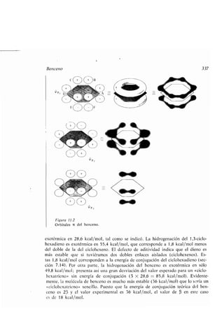 Benceno
00
Figura 11 .2
Orbitales i del benceno .
exotérmica en 28,6 kcal/mol, tal como se indicó . La hidrogenación del 1,3-ciclo-
hexadieno es exotérmica en 55,4 kcal/mol, que corresponde a 1,8 kcal/mol menos
del doble de la del ciclohexeno. El defecto de aditividad indica que el dieno es
más estable que si tuviéramos dos dobles enlaces aislados (ciclohexenos). Es-
tas 1,8 kcal/mol corresponden a la energía de conjugación del ciclohexadieno (sec-
ción 7 .14) . Por otra parte, la hidrogenación del benceno es exotérmica en sólo
49,8 kcal/mol ; presenta así una gran desviación del valor esperado para un «ciclo-
hexatrieno» sin energía de conjugación (3 X 28,6 = 85,8 kcal/mol). Evidente-
mente, la molécula de benceno es mucho más estable (36 kcal/mol) que lo sería un
«ciclohexatieno» sencillo . Puesto que la energía de conjugación teórica del ben-
ceno es 2(3 y el valor experimental es 36 kcal/mol, el valor de R en este caso
es de 18 kcal/mol.
337
 