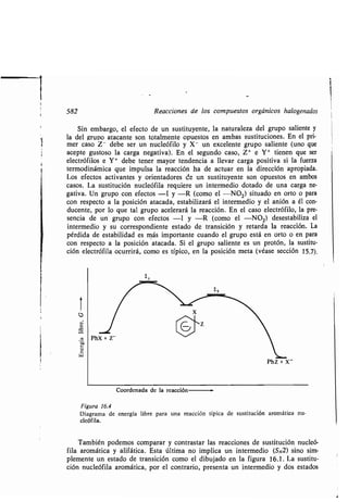 582 Reacciones de los compuestos orgánicos halogenados
Sin embargo, el efecto de un sustituyente, la naturaleza del grupo saliente y
la del grupo atacante son totalmente opuestos en ambas sustituciones . En el pri-
mer caso Z- debe ser un nucleófilo y X - un excelente grupo saliente (uno que
acepte gustoso la carga negativa). En el segundo caso, Z+ e Y+ tienen que ser
electrófilos e Y+ debe tener mayor tendencia a llevar carga positiva si la fuerza
termodinámica que impulsa la reacción ha de actuar en la dirección apropiada .
Los efectos activantes y orientadores de un sustituyente son opuestos en ambos
casos . La sustitución nucleófila requiere un intermedio dotado de una carga ne-
gativa. Un grupo con efectos -I y -R (como el -NO 2) situado en orto o para
con respecto a la posición atacada, estabilizará el intermedio y el anión a él con-
ducente, por lo que tal grupo acelerará la reacción . En el caso electrófilo, la pre-
sencia de un grupo con efectos -I y -R (como el -NO 2) desestabiliza el
intermedio y su correspondiente estado de transición y retarda la reacción . La
pérdida de estabilidad es más importante cuando el grupo está en orto o en para
con respecto a la posición atacada . Si el grupo saliente es un protón, la sustitu-
ción electrófila ocurrirá, como es típico, en la posición meta (véase sección 15 .7) .
ü
w
Coordenada de la reacción
Figura 16.4
Diagrama de energía libre para una reacción típica de sustitución aromática nu-
cleóf ¡la .
También podemos comparar y contrastar las reacciones de sustitución nucleó-
fila aromática y alifática . Esta última no implica un intermedio (SN2) sino sim-
plemente un estado de transición como el dibujado en la figura 16 .1 . La sustitu-
ción nucleófila aromática, por el contrario, presenta un intermedio y dos estados
PhZ + X-
 