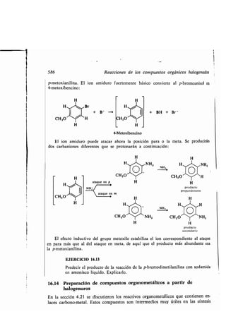 586
p-metoxianilina . El ion amiduro fuertemente básico convierte al p-bromoanisol en
4-metoxibencino:
+ BH + Br -
Reacciones de los compuestos orgánicos halogenados
CH3O
H
4-Metoxibencino
El ion amiduro puede atacar ahora la posición para o la meta . Se producirán
dos carbaniones diferentes que se protonarán a continuación :
H
H~
CH3O^
O~
ataque en p H
NH2-
ataque en m
' H
H ~~
CH3O~ ( NH2
H
NH2
NH,
H
H,_,,~,NH2
CH3O^Y'^`1 H
H
producto
preponderante
H
H ',,
CH3O NH2
H
producto
secundario
El efecto inductivo del grupo metoxilo estabiliza el ion correspondiente al ataque
en para más que al del ataque en meta, de aquí que el producto más abundante sea
la p-metoxianilina.
EJERCICIO 16.13
Predecir el producto de la reacción de la p-bromodimetilanilina con sodamida
en amoníaco líquido . Explicarlo.
16.14 Preparación de compuestos organometálicos a partir de
halogenuros
En la sección 4.21 se discutieron los reactivos organometálicos que contienen en-
laces carbono-metal . Estos compuestos son intermedios muy útiles en las síntesis
 
