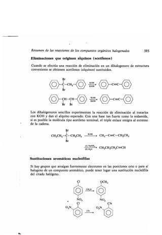 Resumen de las reacciones de los compuestos orgánicos halogenados 595
Eliminaciones que originan alquinos (acetilenos)
Cuando se efectúa una reacción de eliminación en un dihalogenuro de estructura
conveniente se obtienen acetilenos (alquinos) sustituidos .
Br
C-CH2
Br
CH-CH
Br Br
O) KOH
EtH
O) KOH
EtH
Los dihalogenuros sencillos experimentan la reacción de eliminación al tratarlos
con KOH y dan el alquino esperado . Con una base tan fuerte como la sodamida,
si es posible la molécula tipo acetileno terminal, el triple enlace emigra al extremo
de la cadena.
Br
CH3CH2 C-CH2CH3
KOH
CH3 C=-C-CH2 CH3
Br
(1) NaNH23~
CH3CH2CH2C==-Cli(2) H 2O
Sustituciones aromáticas nucleófilas
Si hay grupos que atraigan fuertemente electrones en las posiciones orto o para al
halogeno de un compuesto aromático, puede tener lugar una sustitución nucleófila
del citado halógeno.
CI
CH,O -
<crCK~o)
0>-
C-=C
-<0
CN
O
CN -
 