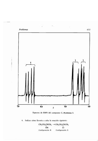 Problemas
1 1
1 /-`-1 !1~
7;0 6,0
5
5,0
Espectro de RMN del compuesto C. Problema 3 .
4. Indicar cómo llevaría a cabo la reacción siguiente:
CH3CH2CHCH3 --> CH3CH2CHCH3
1 1
OH Cl
Configuración R Configuración S
653
4,0
 