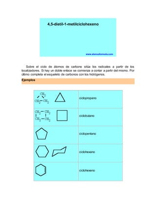Sobre el ciclo de átomos de carbono sitúa los radicales a partir de los
localizadores. Si hay un doble enlace se comienza ...