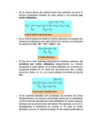  Si un mismo átomo de carbono tiene dos radicales se pone el
número localizador delante de cada radical y se ordenan por
...