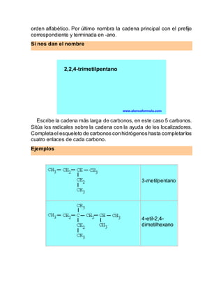 orden alfabético. Por último nombra la cadena principal con el prefijo
correspondiente y terminada en -ano.
Si nos dan el ...