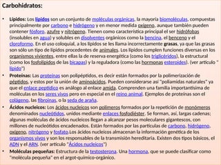 33
Carbohidratos:
• Lípidos: Los lípidos son un conjunto de moléculas orgánicas, la mayoría biomoléculas, compuestas
principalmente por carbono e hidrógeno y en menor medida oxígeno, aunque también pueden
contener fósforo, azufre y nitrógeno. Tienen como característica principal el ser hidrófobas
(insolubles en agua) y solubles en disolventes orgánicos como la bencina, el benceno y el
cloroformo. En el uso coloquial, a los lípidos se les llama incorrectamente grasas, ya que las grasas
son sólo un tipo de lípidos procedentes de animales. Los lípidos cumplen funciones diversas en los
organismos vivientes, entre ellas la de reserva energética (como los triglicéridos), la estructural
(como los fosfolípidos de las bicapas) y la reguladora (como las hormonas esteroides). (ver artículo "
lípido")
• Proteínas: Las proteínas son polipéptidos, es decir están formados por la polimerización de
péptidos, y estos por la unión de aminoácidos. Pueden considerarse así "poliamidas naturales" ya
que el enlace peptídico es análogo al enlace amida. Comprenden una familia importantísima de
moléculas en los seres vivos pero en especial en el reino animal. Ejemplos de proteínas son el
colágeno, las fibroinas, o la seda de araña.
• Ácidos nucleicos: Los ácidos nucleicos son polímeros formados por la repetición de monómeros
denominados nucleótidos, unidos mediante enlaces fosfodiéster. Se forman, así, largas cadenas;
algunas moléculas de ácidos nucleicos llegan a alcanzar pesos moleculares gigantescos, con
millones de nucleótidos encadenados. Están formados por las partículas de carbono, hidrógeno,
oxígeno, nitrógeno y fosfato.Los ácidos nucleicos almacenan la información genética de los
organismos vivos y son los responsables de la transmisión hereditaria. Existen dos tipos básicos, el
ADN y el ARN. (ver artículo "Ácidos nucleicos")
• Moléculas pequeñas: Estructura de la testosterona. Una hormona, que se puede clasificar como
"molécula pequeña" en el argot-químico-orgánico.
 