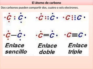 39
El átomo de carbono
Dos carbonos pueden compartir dos, cuatro o seis electrones.
 