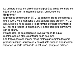 La primera etapa en el refinado del petróleo crudo consiste en
separarlo, según la masa molecular, en fracciones.
Esquema 1
El proceso comienza en (1) y (2) donde el crudo se calienta a
unos 400°C y se mantiene a una considerable presión (+1/-2
ad), luego se hace pasar a la columna de fraccionamiento
(3), allí se produce la expansión, y la temperatura disminuye
con la altura.
Para facilitar la destilación se inyecta vapor de agua
recalentado en el tercio inferior de la columna.
Las fracciones con mayor masa molecular (empleadas para
producir aceites lubricantes y ceras) sólo pueden existir como
vapor en la parte inferior de la columna, donde se extraen.
 