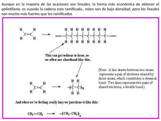 7
Aunque en la mayoría de las ocasiones son lineales, la forma más económica de obtener el
polietilieno, es cuando la cadena esta ramificada., estos son de baja densidad, pero los lineales
son mucho más fuertes que los ramificados
 