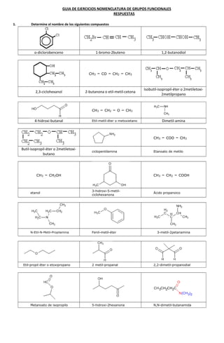 1. Determine el nombre de los siguientes compuestos
o-diclorobenceno 1-bromo-2buteno 1,2-butanodiol
CH3 – CO – CH2 – CH3
2,3-ciclohexanol 2-butanona o etil-metil-cetona
Isobutil-isopropil-éter o 2metiletoxi-
2metilpropano
CH3 – CH2 – O – CH3
4-hidroxi-butanal Etil-metil-éter o metoxietano Dimetil-amina
CH3 – COO – CH3
Butil-isopropil-éter o 2metiletoxi-
butano
ciclopentilamina Etanoato de metilo
CH3 – CH2OH CH3 – CH2 – COOH
etanol
3-hidroxi-5-metil-
ciclohexanona
Ácido propanoico
N-Etil-N-Metil-Propilamina Fenil-metil-éter 3-metil-2petanamina
Etil-propil éter o etoxipropano 2 metil-propanal 2,2-dimetil-propanodial
Metanoato de isopropilo 5-hidroxi-2hexanona N,N-dimetil-butanamida
GUIA DE EJERCICIOS NOMENCLATURA DE GRUPOS FUNCIONALES
RESPUESTAS
 