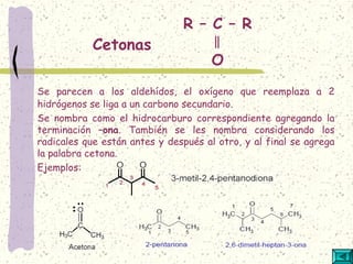 R – C – R
‖
O
Se parecen a los aldehídos, el oxígeno que reemplaza a 2
hidrógenos se liga a un carbono secundario.
Se nombra como el hidrocarburo correspondiente agregando la
terminación –ona. También se les nombra considerando los
radicales que están antes y después al otro, y al final se agrega
la palabra cetona.
Ejemplos:
Cetonas
 