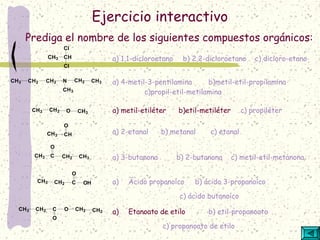 Ejercicio interactivo
Prediga el nombre de los siguientes compuestos orgánicos:
a) 1,1-dicloroetano b) 2,2-dicloroetano c) dicloro-etano
a) 4-metil-3-pentilamina b)metil-etil-propilamina
c)propil-etil-metilamina
a) metil-etiléter b)etil-metiléter c) propiléter
a) 2-etanal b) metanal c) etanal
a) 3-butanona b) 2-butanona c) metil-etil-metanona
a) Ácido propanoíco b) ácido 3-propanoíco
c) ácido butanoíco
a) Etanoato de etilo b) etil-propanoato
c) propanoato de etilo
CH3 CH
Cl
Cl
CH3 CH2 CH2 N
CH3
CH2 CH3
CH3 CH2 O CH3
CH3 CH
O
CH3 C
O
CH2 CH3
CH3 CH2 C
O
OH
CH3 CH2 C
O
O CH2 CH3
 