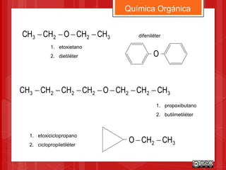 Química Orgánica
3222223 CHCHCHOCHCHCHCH 
1. propoxibutano
2. butilmetiléter
32 CHCHO 
1. etoxiciclopropano
2. ciclopropiletiléter
3223 CHCHOCHCH 
1. etoxietano
2. dietiléter O
difeniléter
 