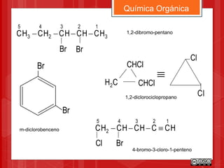 Química Orgánica
CH2
CHCl
CHCl

Cl
Cl
3
123
2
4
3
5
HCHCHCHCHC 
Br
1,2-dibromo-pentano
1,2-diclorociclopropano
Br
Br
Br
m-diclorobenceno HCCHCHCHC
1234
2
5

Cl Br
4-bromo-3-cloro-1-penteno
 