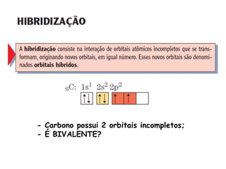 - Carbono possui 2 orbitais incompletos; - É BIVALENTE? 