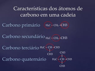 Características dos átomos de 
carbono em uma cadeia 
Carbono primário 
Carbono secundário 
Carbono terciário 
H₃C – CH₂ –CH3 
H₃C – CH₂ –CH3 
H₃C – CH –CH3 
Carbono quaternário 
CH3 
CH3 
H₃C – CH –CH3 
CH3 
 