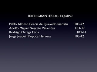 INTERGRANTES DEL EQUIPO Pablo Alfonso Gracia de Quevedo Iñarritu  103-22  Adolfo Miguel Negrete Viluendas  103-39 Rodrigo Ortega Feria  103-41 Jorge Joaquín Popoca Herrera  103-42 