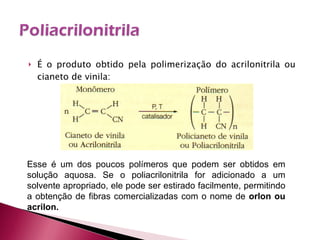 É o produto obtido pela polimerização do acrilonitrila ou cianeto de vinila: Esse é um dos poucos polímeros que podem ser obtidos em solução aquosa. Se o poliacrilonitrila for adicionado a um solvente apropriado, ele pode ser estirado facilmente, permitindo a obtenção de fibras comercializadas com o nome de  orlon ou acrilon.  