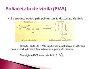 É o produto obtido pela polimerização do acetato de vinila: Grande parte do PVA produzido atualmente é utilizada para a produção de tintas, adesivos e goma de mascar. Sua sigla é PVA e seu símbolo é 