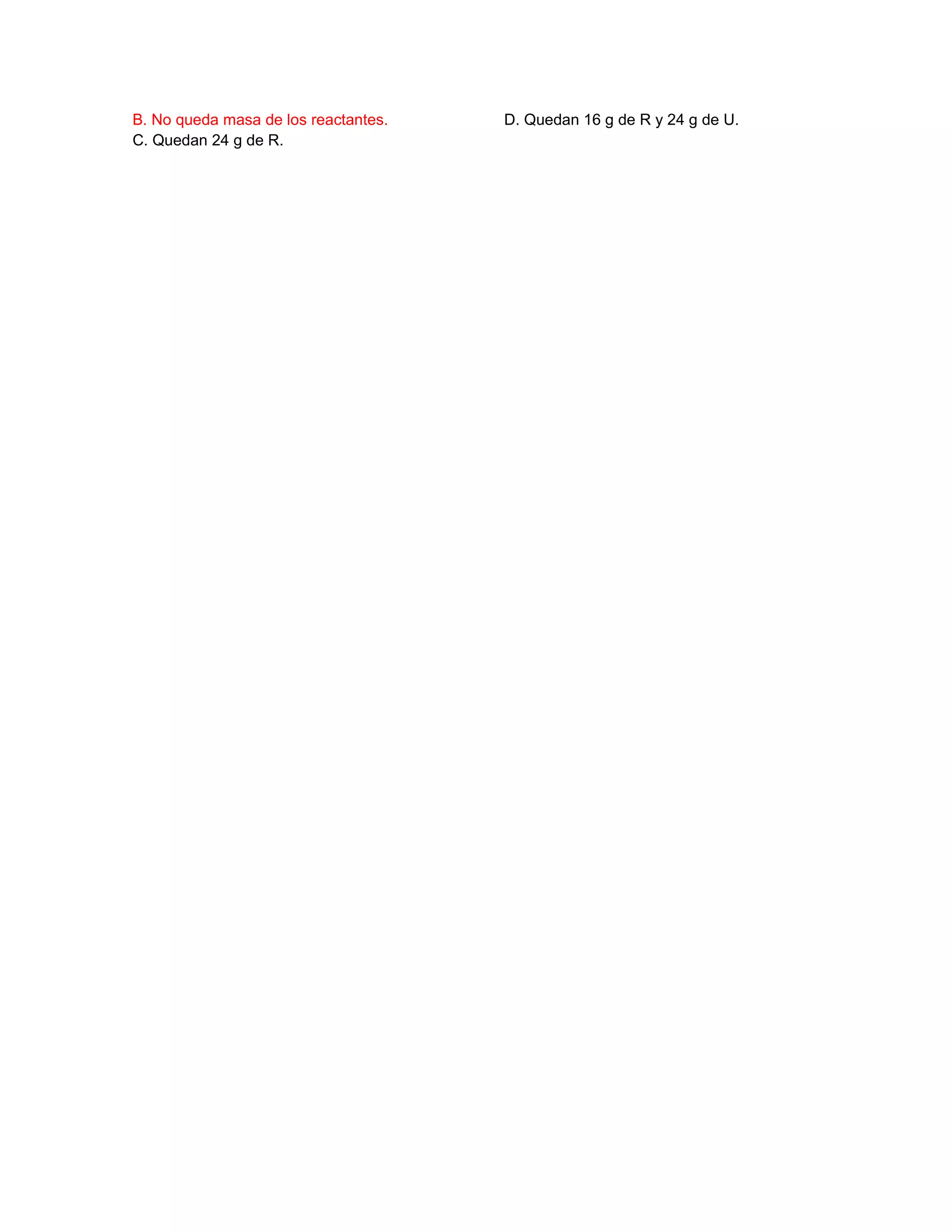 B. No queda masa de los reactantes.
C. Quedan 24 g de R.
D. Quedan 16 g de R y 24 g de U.
 