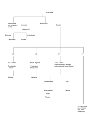 MUESTRA




   Se mantiene                                     Añado H2O
   una parte para   Insoluble                                              Soluble
   control
                      Añado HCl



Burbujea                       No burbujea


   Carbonatos       Sulfatos




           1/4                               1/4                              1/4                               1/4




   HCl BaCl2                      HNO3 AgNO3                             Acido Acético
                                                                        Criess-LLosvay´s Reagent
    Precipitado                    Precipitado                          (rectivo especial para nitratos)
    blanco                         blanquecino




   Sulfatos                          Cloruros


                                                        Transparente                       Rosa




                                                        Polvo de zinc                      Nitritos

                                                           Rosa

                                                         Nitratos




                                                                                                           Lo mismo que
                                                                                                           para nitratos,
                                                                                                           mas ácido
                                                                                                           sulfámico ¿
 