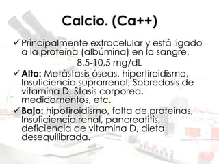 Calcio. (Ca++)
Principalmente extracelular y está ligado
a la proteína (albúmina) en la sangre.
8,5-10,5 mg/dL
Alto: Metástasis óseas, hipertiroidismo,
Insuficiencia suprarrenal, Sobredosis de
vitamina D, Stasis corporea,
medicamentos, etc.
Bajo: hipotiroidismo, falta de proteínas,
Insuficiencia renal, pancreatitis,
deficiencia de vitamina D, dieta
desequilibrada.
 