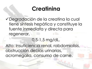 Creatinina
Degradación de la creatina la cual
tiene síntesis hepática y constituye la
fuente inmediata y directa para
regenerar.
0,5-1,5 mg/dL.
Alto: Insuficiencia renal, rabdomiolisis,
obstrucción debías urinarias,
acromegalia, consumo de carne.
 