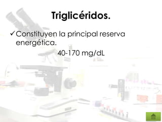 Triglicéridos.
Constituyen la principal reserva
energética.
40-170 mg/dL
 