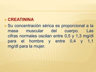  CREATININA
 Su concentración sérica es proporcional a la
masa muscular del cuerpo. Las
cifras normales oscilan entre 0,5 y 1,3 mg/dl
para el hombre y entre 0,4 y 1,1
mg/dl para la mujer.
 
