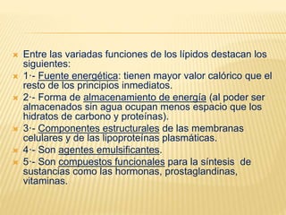  Entre las variadas funciones de los lípidos destacan los
siguientes:
 1·- Fuente energética: tienen mayor valor calórico que el
resto de los principios inmediatos.
 2·- Forma de almacenamiento de energía (al poder ser
almacenados sin agua ocupan menos espacio que los
hidratos de carbono y proteínas).
 3·- Componentes estructurales de las membranas
celulares y de las lipoproteínas plasmáticas.
 4·- Son agentes emulsificantes.
 5·- Son compuestos funcionales para la síntesis de
sustancias como las hormonas, prostaglandinas,
vitaminas.
 