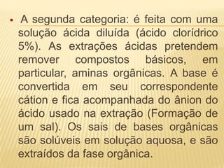  A segunda categoria: é feita com uma solução ácida diluída (ácido clorídrico 5%). As extrações ácidas pretendem remover compostos básicos, em particular, aminas orgânicas. A base é convertida em seu correspondente cátion e fica acompanhada do ânion do ácido usado na extração (Formação de um sal). Os sais de bases orgânicas são solúveis em solução aquosa, e são extraídos da fase orgânica. A terceira categoria é a extração com uma solução básica diluída (hidróxido de sódio 5%). Nas extrações básicas, compostos ácidos são convertidas em seus respectivos ânions (Formação de um sal). O sal é solúvel na fase aquosa, sendo extraído da fase orgânica pela solução básica. 