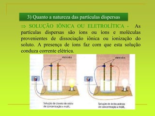 3) Quanto a natureza das partículas dispersas
 SOLUÇÃO IÔNICA OU ELETROLÍTICA - As
partículas dispersas são íons ou íons e moléculas
provenientes de dissociação iônica ou ionização do
soluto. A presença de íons faz com que esta solução
conduza corrente elétrica.
 