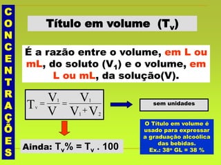 C
O
N
C
E
N
T
R
A
Ç
Õ
E
S
Título em volume (Tv)
É a razão entre o volume, em L ou
mL, do soluto (V1) e o volume, em
L ou mL, da solução(V).
sem unidades
VV
V
V
V
T
21
11
v


Ainda: Tv% = Tv . 100
O Título em volume é
usado para expressar
a graduação alcoólica
das bebidas.
Ex.: 38o GL = 38 %
 