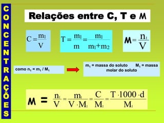C
O
N
C
E
N
T
R
A
Ç
Õ
E
S
Relações entre C, T e M
V
mC 1

mm
m
m
mT
21
11


V
n1
M
como n1 = m1 / M1
m1 = massa do soluto M1 = massa
molar do soluto
M = M
d1000T
M
C
MV
m
V
n
111
11
..
.

 