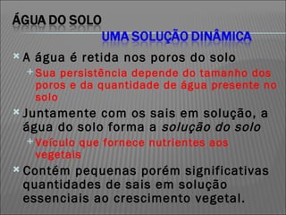 A água é retida nos poros do solo Sua persistência depende do tamanho dos poros e da quantidade de água presente no solo Juntamente com os sais em solução, a água do solo forma a  solução do solo Veículo que fornece nutrientes aos vegetais Contém pequenas porém significativas quantidades de sais em solução essenciais ao crescimento vegetal. 