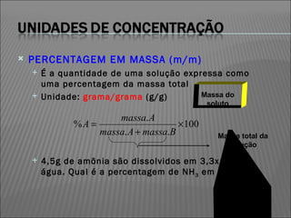 PERCENTAGEM EM MASSA (m/m)‏ É a quantidade de uma solução expressa como uma percentagem da massa total Unidade:  grama/grama  (g/g)‏ 4,5g de amônia são dissolvidos em 3,3x10 2 g de água. Qual é a percentagem de NH 3  em massa? Massa do soluto Massa total da solução 