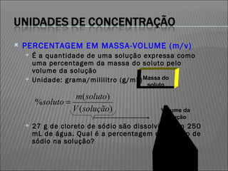 PERCENTAGEM EM MASSA-VOLUME (m/v)‏ É a quantidade de uma solução expressa como uma percentagem da massa do soluto pelo volume da solução Unidade: grama/mililitro (g/mL)‏ 27 g de cloreto de sódio são dissolvidos em 250 mL de água. Qual é a percentagem de cloreto de sódio na solução? Massa do soluto Volume da solução 