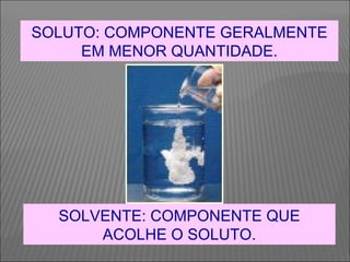 SOLUTO: COMPONENTE GERALMENTE EM MENOR QUANTIDADE. SOLVENTE: COMPONENTE QUE ACOLHE O SOLUTO. 
