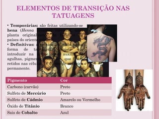 ELEMENTOS DE TRANSIÇÃO NAS
TATUAGENS
• Temporárias: são feitas utilizando-se
hena (Henna lausonia inermes), uma
planta originalmente da Índia e de
países do oriente médio.
• Definitivas: a técnica utilizada nessa
forma de tatuagem consiste em
introduzir na derme, com auxílio de
agulhas, pigmentos coloridos, que ficam
retidos nas células da derme de maneira
permanente.
Pigmento Cor
Carbono (carvão) Preto
Sulfeto de Mercúrio Preto
Sulfeto de Cádmio Amarelo ou Vermelho
Óxido de Titânio Branco
Sais de Cobalto Azul
 