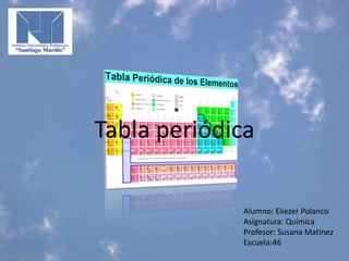 Tabla periódica
Alumno: Eliezer Polanco
Asignatura: Quimica
Profesor: Susana Matinez
Escuela:46

 