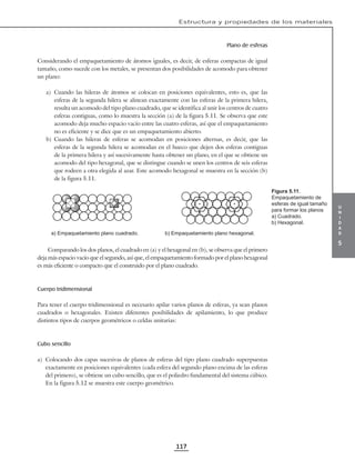 u
n
i
d
a
d
5
Estructura y propiedades de los materiales
117
Plano de esferas
Considerando el empaquetamiento de átomos iguales, es decir, de esferas compactas de igual
tamaño, como sucede con los metales, se presentan dos posibilidades de acomodo para obtener
un plano:
a) Cuando las hileras de átomos se colocan en posiciones equivalentes, esto es, que las
esferas de la segunda hilera se alinean exactamente con las esferas de la primera hilera,
resulta un acomodo del tipo plano cuadrado, que se identifica al unir los centros de cuatro
esferas contiguas, como lo muestra la sección (a) de la figura 5.11. Se observa que este
acomodo deja mucho espacio vacío entre las cuatro esferas, así que el empaquetamiento
no es eficiente y se dice que es un empaquetamiento abierto.
b) Cuando las hileras de esferas se acomodan en posiciones alternas, es decir, que las
esferas de la segunda hilera se acomodan en el hueco que dejen dos esferas contiguas
de la primera hilera y así sucesivamente hasta obtener un plano, en el que se obtiene un
acomodo del tipo hexagonal, que se distingue cuando se unen los centros de seis esferas
que rodeen a otra elegida al azar. Este acomodo hexagonal se muestra en la sección (b)
de la figura 5.11.
a) Empaquetamiento plano cuadrado. b) Empaquetamiento plano hexagonal.
Comparando los dos planos, el cuadrado en (a) y el hexagonal en (b), se observa que el primero
deja más espacio vacío que el segundo, así que, el empaquetamiento formado por el plano hexagonal
es más eficiente o compacto que el construido por el plano cuadrado.
Cuerpo tridimensional
Para tener el cuerpo tridimensional es necesario apilar varios planos de esferas, ya sean planos
cuadrados o hexagonales. Existen diferentes posibilidades de apilamiento, lo que produce
distintos tipos de cuerpos geométricos o celdas unitarias:
Cubo sencillo
a) Colocando dos capas sucesivas de planos de esferas del tipo plano cuadrado superpuestas
exactamente en posiciones equivalentes (cada esfera del segundo plano encima de las esferas
del primero), se obtiene un cubo sencillo, que es el poliedro fundamental del sistema cúbico.
En la figura 5.12 se muestra este cuerpo geométrico.
Figura 5.11.
Empaquetamiento de
esferas de igual tamaño
para formar los planos
a) Cuadrado.
b) Hexagonal.
 