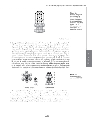 u
n
i
d
a
d
5
Estructura y propiedades de los materiales
119
Cubo compacto
d) Otra posibilidad de apilamiento compacto de esferas es cuando se acomodan tres planos de
esferas del tipo hexagonal compacto. Se coloca un segundo plano (B) de forma que cubra
algunos de los huecos que dejan las esferas del primero (A). Después se acomoda un tercer
plano (c) sobre el segundo plano, de manera que cubra los huecos dobles, esto es, los huecos
que dejaron tanto el segundo plano como el primero (los huecos de la primera capa que no
fueron cubiertos por la segunda). Este acomodo permite que las esferas del tercer plano (c)
ocupen posiciones distintas a las de las esferas, tanto del primero como del segundo plano.
A este acomodo se le conoce como empaquetamiento compacto A-B-C-A-B-C; forma una
estructura cúbica compacta, con una esfera en cada vértice del cubo y otra esfera en el centro
de cada una de sus seis caras, como se muestra en la figura 5.15. Este empaquetamiento de
esferas forma celdas unitarias cúbicas compactas llamadas cúbicas centradas en las caras,
en las que cada esfera está en contacto directo con otras doce esferas, seis en el mismo plano
alrededor de ella, tres más en el plano de arriba y otras tres en el plano inmediato hacia abajo.
A
B
C
A
B
C
A
B
C
a) Vista superior. b) Vista lateral.
La mayoría de los metales puros adoptan las estructuras cristalinas que poseen los factores
de empaquetamiento más compacto, debido a que sus núcleos metálicos pueden acomodarse
ocupando el menor espacio posible, además de poseer un mismo radio atómico y no formar
enlaces que requieran de posiciones fijas y orientadas.
En la tabla 5.2 se muestran las propiedades de algunos metales en orden creciente de punto
de fusión. Busca en la tabla periódica el tipo de estructura cristalina que adoptan.
Figura 5.14
Poliedro hexagonal
compacto por la
superposición de
planos ABABAB. En
la parte superior se
muestra la estructura
abierta y en la
inferior, la estructura
cerrada con las
esferas en contacto.
Figura 5.15
Empaquetamiento
compacto ABCABC.
 