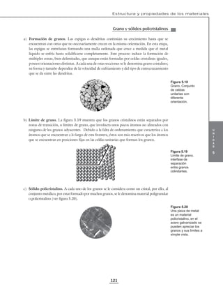 u
n
i
d
a
d
5
Estructura y propiedades de los materiales
121
Grano y sólidos policristalinos
a) Formación de granos. Las espigas o dendritas continúan su crecimiento hasta que se
encuentran con otras que no necesariamente crecen en la misma orientación. En esta etapa,
las espigas se entrelazan formando una malla ordenada que crece a medida que el metal
líquido se enfría hasta solidificarse completamente. Este proceso induce la formación de
múltiples zonas, bien delimitadas, que aunque están formadas por celdas cristalinas iguales,
poseen orientaciones distintas. A cada una de estas secciones se le denomina grano cristalino;
su forma y tamaño dependen de la velocidad de enfriamiento y del tipo de entrecruzamiento
que se da entre las dendritas.
b) Límite de grano. La figura 5.19 muestra que los granos cristalinos están separados por
zonas de transición, o límites de grano, que involucra unos pocos átomos no alineados con
ninguno de los granos adyacentes. Debido a la falta de ordenamiento que caracteriza a los
átomos que se encuentran a lo largo de esta frontera, éstos son más reactivos que los átomos
que se encuentran en posiciones fijas en las celdas unitarias que forman los granos.
c) Sólido policristalino. A cada uno de los granos se le considera como un cristal, por ello, al
conjunto metálico, por estar formado por muchos granos, se le denomina material poligranular
o policristalino (ver figura 5.20).
Figura 5.18
Grano. Conjunto
de celdas
unitarias con
diferente
orientación.
Figura 5.19
Límite de grano,
interfase de
separación
entre granos
colindantes.
Figura 5.20
Una pieza de metal
es un material
policristalino, en el
acero galvanizado se
pueden apreciar los
granos y sus límites a
simple vista.
 