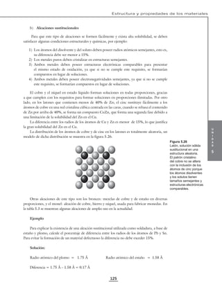u
n
i
d
a
d
5
Estructura y propiedades de los materiales
125
b) Aleaciones sustitucionales
Para que este tipo de aleaciones se formen fácilmente y exista alta solubilidad, se deben
satisfacer algunas condiciones estructurales y químicas, por ejemplo:
1) Los átomos del disolvente y del soluto deben poseer radios atómicos semejantes, esto es,
su diferencia debe ser menor a 15%.
2) Los metales puros deben cristalizar en estructuras semejantes.
3) Ambos metales deben poseer estructuras electrónicas comparables para presentar
el mismo estado de oxidación, ya que si no se cumple este requisito, se formarían
compuestos en lugar de soluciones.
4) Ambos metales deben poseer electronegatividades semejantes, ya que si no se cumple
este requisito, se formarían compuestos en lugar de soluciones.
El cobre y el níquel en estado líquido forman soluciones en todas proporciones, gracias
a que cumplen con los requisitos para formar soluciones en proporciones ilimitadas. Por otro
lado, en los latones que contienen menos de 40% de Zn; el cinc sustituye fácilmente a los
átomos de cobre en una red cristalina cúbica centrada en las caras, cuando se rebasa el contenido
de Zn por arriba de 40%, se forma un compuesto CuZn, que forma una segunda fase debido a
una limitación de la solubilidad del Zn en el Cu.
La diferencia entre los radios de los átomos de Cu y Zn es menor de 15%, lo que justifica
la gran solubilidad del Zn en el Cu.
La distribución de los átomos de cobre y de cinc en los latones es totalmente aleatoria, un
modelo de dicha distribución se muestra en la figura 5.26.
Otras aleaciones de este tipo son los bronces: mezclas de cobre y de estaño en diversas
proporciones, y el monel: aleación de cobre, hierro y níquel, usada para fabricar monedas. En
la tabla 5.3 se muestran algunas aleaciones de amplio uso en la actualidad.
Ejemplo
Para explicar la existencia de una aleación sustitucional utilizada como soldadura, a base de
estaño y plomo, calcule el porcentaje de diferencia entre los radios de los átomos de Pb y Sn.
Para evitar la formación de un material defectuoso la diferencia no debe exceder 15%.
Solución:
Radio atómico del plomo = 1.75 Å Radio atómico del estaño = 1.58 Å
Diferencia = 1.75 Å – 1.58 Å = 0.17 Å
Figura 5.26
Latón, solución sólida
sustitucional en una
estructura aleatoria.
El patrón cristalino
del cobre no se altera
con la inclusión de los
átomos de cinc porque
los átomos disolventes
y los solutos tienen
tamaños semejantes y
estructuras electrónicas
comparables.
 