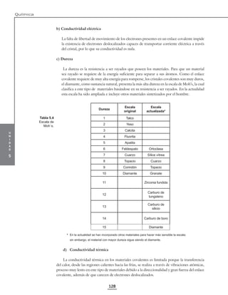 u
n
i
d
a
d
5
Química
128
b) Conductividad eléctrica
La falta de libertad de movimiento de los electrones presentes en un enlace covalente impide
la existencia de electrones deslocalizados capaces de transportar corriente eléctrica a través
del cristal, por lo que su conductividad es nula.
c) Dureza
La dureza es la resistencia a ser rayados que poseen los materiales. Para que un material
sea rayado se requiere de la energía suficiente para separar a sus átomos. Como el enlace
covalente requiere de muy alta energía para romperse, los cristales covalentes son muy duros,
el diamante, como sustancia natural, presenta la más alta dureza en la escala de Moh’s, la cual
clasifica a este tipo de materiales basándose en su resistencia a ser rayados. En la actualidad
esta escala ha sido ampliada e incluye otros materiales sintetizados por el hombre.
Dureza
Escala
original
Escala
actualizada*
1 Talco
2 Yeso
3 Calcita
4 Fluorita
5 Apatita
6 Feldespato Ortoclasa
7 Cuarzo Sílice vítrea
8 Topacio Cuarzo
9 Corindón Topacio
10 Diamante Granate
11 Zirconia fundida
12
Carburo de
tungsteno
13
Carburo de
silicio
14 Carburo de boro
15 Diamante
* En la actualidad se han incorporado otros materiales para hacer más sensible la escala;
sin embargo, el material con mayor dureza sigue siendo el diamante.
d) Conductividad térmica
La conductividad térmica en los materiales covalentes es limitada porque la transferencia
del calor, desde las regiones calientes hacia las frías, se realiza a través de vibraciones atómicas,
proceso muy lento en este tipo de materiales debido a la direccionalidad y gran fuerza del enlace
covalente, además de que carecen de electrones deslocalizados.
Tabla 5.4
Escala de
Moh´s.
 