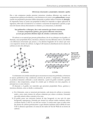u
n
i
d
a
d
5
Estructura y propiedades de los materiales
129
Diferencias estructurales y propiedades: diamante y grafito
Dos o más compuestos pueden presentar estructuras cristalinas diferentes aun cuando sus
composiciones químicas sean idénticas, a este fenómeno se le conoce como polimorfismo, aunque
cuando esta propiedad la presentan sólidos elementales se prefiere utilizar el término de alotropía.
Es importante tomar en cuenta esta propiedad al utilizar los materiales en alguna aplicación de
ingeniería, sobre todo si el material se va a someter a variaciones de temperatura o presión, ya que
estos dos factores afectan directamente su volumen y, en consecuencia, su densidad.
Son polimorfos o alótropos, dos o más sustancias que tienen exactamente
la misma composición química, pero poseen diferente estructura,
ya sean que presenten distintos tipos de cristales o estructura amorfa.
El carbono es un material que presenta polimorfismo; dos de sus alótropos son el grafito y el
diamante, cuyas propiedades físicas, mecánicas y eléctricas son muy diferentes entre sí, esto debido
a las diferencias estructurales que poseen y a las distintas longitudes de los enlaces que unen
a sus respectivos átomos de carbono. La figura 5.28 muestra la distribución de los átomos de
carbono en estos dos alótropos.
a) Diamante. b) Graito.
Losdiamantessoncristalesnaturalesqueseencuentranenzonasmuyprofundas,seformaron
en épocas prehistóricas bajo condiciones extremas de presión y temperatura. Actualmente,
se producen diamantes artificiales a escala industrial, a partir de grafito sometido a grandes
presiones y altas temperaturas, aunque los cristales que se obtienen son muy pequeños, su
principal uso es como abrasivo.
El diamante y el grafito son materiales que presentan propiedades físicas, químicas y
mecánicas distintas, como se detalla a continuación:
a) En el diamante, como se mencionó previamente, cada átomo de carbono se encuentra
unido a otros cuatro átomos de carbono solamente por enlaces covalentes, formando
una celda unitaria cúbica centrada en las caras.
b) El grafito posee una estructura laminar de tipo hexagonal, en una serie de capas
hexagonales superpuestas, formadas por átomos de carbono unidos mediante enlaces
covalentes fuertes (1.415 Å) con sólo tres vecinos. La unión entre capas se realiza entre
dos átomos de carbono pertenecientes a capas distintas mediante enlaces débiles de unos
3.35 Å, distancia equivalente a la suma de dos radios de Van der Waals de un átomo de
carbono.
Figura 5.28
Dos alótropos
del carbono: a)
diamante y b)
graito.
 