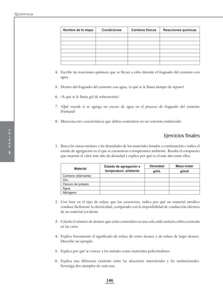 u
n
i
d
a
d
5
Química
146
Nombre de la etapa Condiciones Cambios físicos Reacciones químicas
4. Escribe las reacciones químicas que se llevan a cabo durante el fraguado del cemento con
agua.
5. Dentro del fraguado del cemento con agua, ¿a qué se le llama tiempo de reposo?
6. ¿A qué se le llama gel de tobermorita?
7. ¿Qué sucede si se agrega un exceso de agua en el proceso de fraguado del cemento
Pórtland?
8. Menciona tres características que deben controlarse en un concreto endurecido
Ejercicios finales
1. Busca las masas molares y las densidades de los materiales listados a continuación e indica el
estado de agregación en el que se encuentran a temperatura ambiente. Resalta el compuesto
que muestre el valor más alto de densidad y explica por qué es el más alto entre ellos.
Material
Estado de agregación a
temperatura ambiente
Densidad Masa molar
g/mL g/mol
Carbono (diamante)
Oro
Cloruro de potasio
Agua
Nitrógeno
2. Con base en el tipo de enlace que los caracteriza, indica por qué un material metálico
conduce fácilmente la electricidad, comparado con la imposibilidad de conducción eléctrica
de un material covalente.
3. Calcula el número de átomos que están contenidos en una sola celda unitaria cúbica centrada
en las caras.
4. Explica brevemente el significado de enlace de corto alcance y de enlace de largo alcance.
Describe un ejemplo.
5. Explica por qué se conoce a los metales como materiales policristalinos.
6. Explica una diferencia existente entre las aleaciones intersticiales y las sustitucionales.
Investiga dos ejemplos de cada una.
 