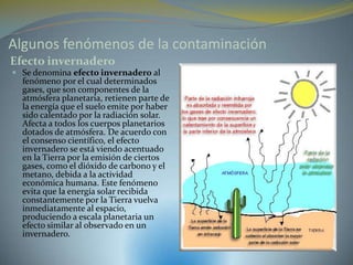 Algunos fenómenos de la contaminación
Efecto invernadero
 Se denomina efecto invernadero al
  fenómeno por el cual determinados
  gases, que son componentes de la
  atmósfera planetaria, retienen parte de
  la energía que el suelo emite por haber
  sido calentado por la radiación solar.
  Afecta a todos los cuerpos planetarios
  dotados de atmósfera. De acuerdo con
  el consenso científico, el efecto
  invernadero se está viendo acentuado
  en la Tierra por la emisión de ciertos
  gases, como el dióxido de carbono y el
  metano, debida a la actividad
  económica humana. Este fenómeno
  evita que la energía solar recibida
  constantemente por la Tierra vuelva
  inmediatamente al espacio,
  produciendo a escala planetaria un
  efecto similar al observado en un
  invernadero.
 